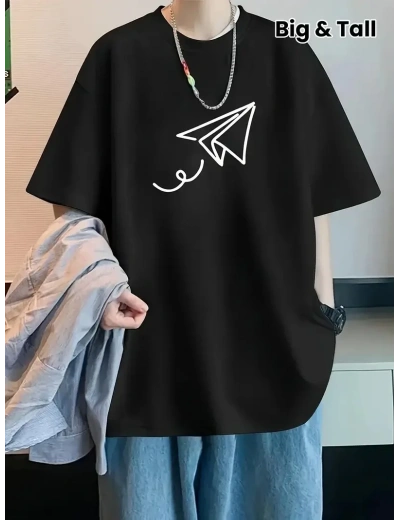 Erkek Kısa Kol Yazlık Tişört Bisiklet Yaka Baskılı Oversize T-Shirt - Siyah