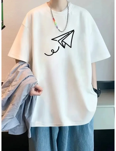 Erkek Kısa Kol Yazlık Tişört Bisiklet Yaka Baskılı Oversize T-Shirt - Beyaz