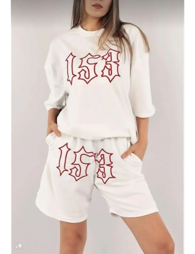 Kadın Nakış İşlemeli Şort Takım - Beyaz