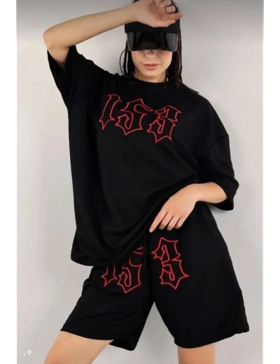 Kadın Nakış İşlemeli Şort Takım - Siyah