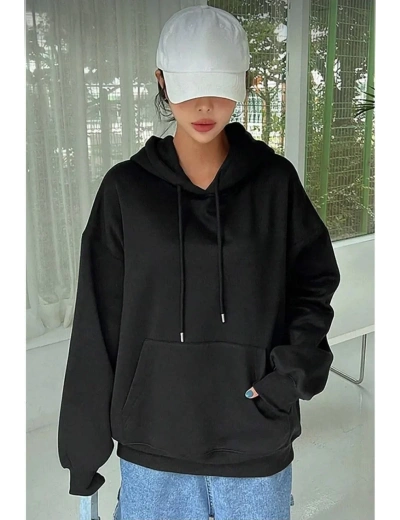 Kadın Kapüşonlu Kanguru Cepli 3 İplik Pamuklu Oversize Hoodie Sweatshirt - Siyah