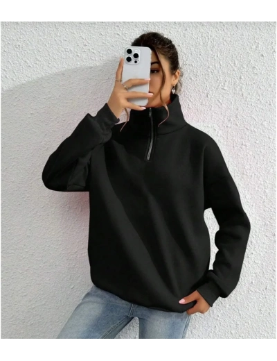 Kadın 3 iplik Pamuklu Uzun Kol Yarım Farmuarlı Yakalı SweatShirt - Siyah