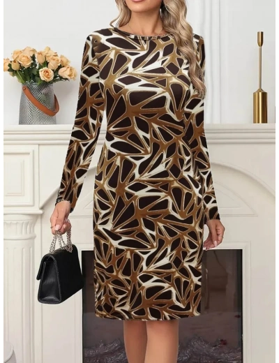 Kadın Uzun Kollu Bisiklet Yaka Desenli Dalgıç Kısa Elbise