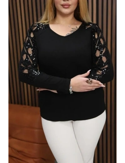 Kadın Uzun Kollu Kolları Lazer Kesim Pul Payet Detay Bluz
