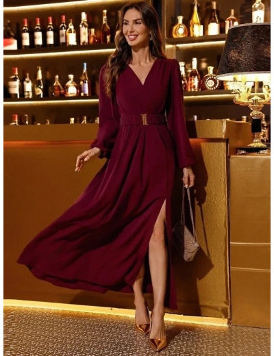 Kadın Uzun Kollu Kruvaze Yaka Beli Kemerli Yırtmaçlı Uzun Ithal Krep Elbise