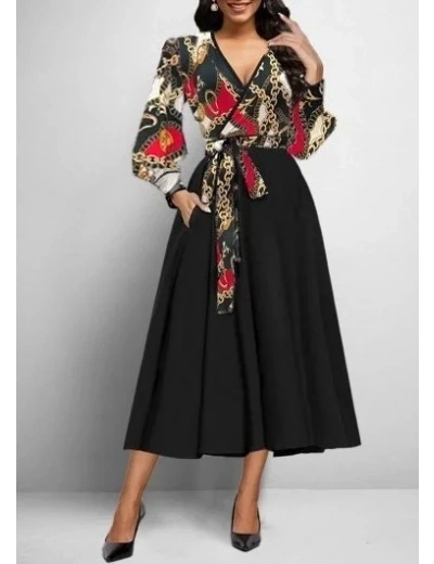 Kadın Uzun Kollu Kruvaze Yaka Dalgıç Krep Midi Boy Elbise