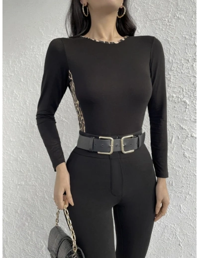 Kadın Uzun Kollu Leopar şeritli Viskon Bluz