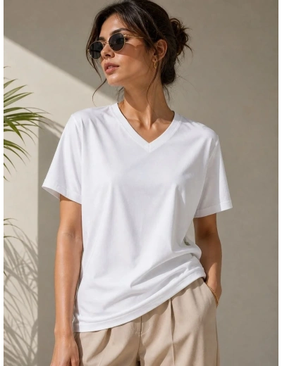 Kadın V Yaka Basic Tişört Kısa Kol Yazlık Regular Fit T-Shirt - Beyaz