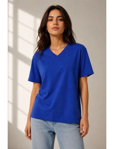 Kadın V Yaka Basic Tişört Kısa Kol Yazlık Regular Fit T-Shirt - Saks Mavisi