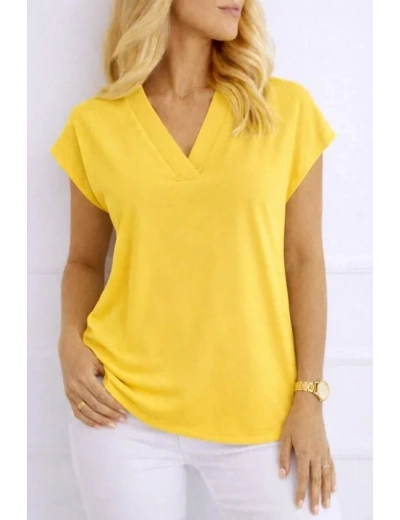 Kadın V Yaka Kısa Kol Dokuma Viskon Kumaş Bluz