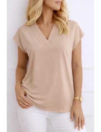 Kadın V Yaka Kısa Kol Dokuma Viskon Kumaş Bluz