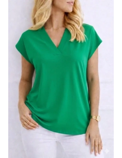 Kadın V Yaka Kısa Kol Dokuma Viskon Kumaş Bluz