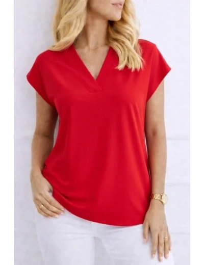 Kadın V Yaka Kısa Kol Dokuma Viskon Kumaş Bluz