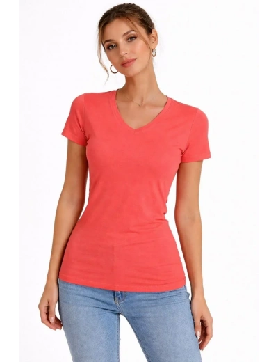 Kadın T-Shirt V Yaka Slim Fit Likralı Tişört Yazlık Basic Body - Nar Çiçeği