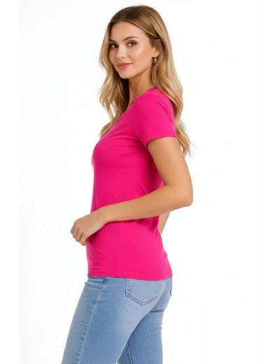 Kadın T-Shirt V Yaka Slim Fit Likralı Tişört Yazlık Basic Body - Pembe