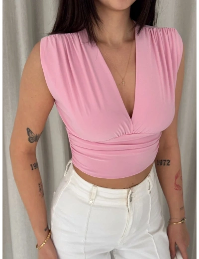 Kadın Vatkalı Kolsuz V Yaka Drapeli Crop Bluz Likralı Fit - Pembe