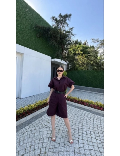 Kadın Yakalı Gömlek Kemerli Şortlu Alt-Üst Takım - Bordo