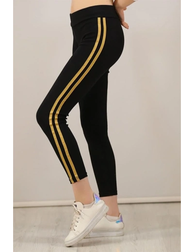Kadın Yanı Sarı Şeritli Tayt - Siyah