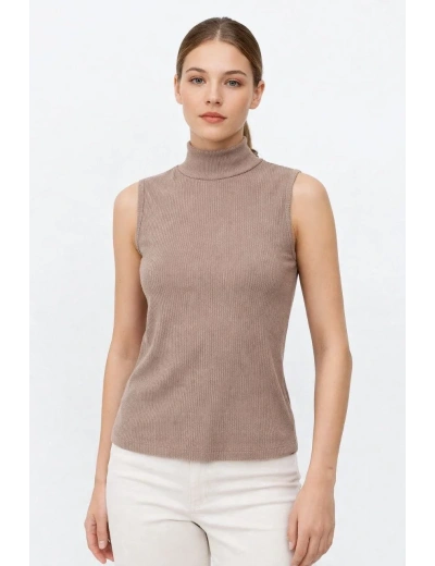 Kadın Yarım Balıkçı Yaka Fitilli Kaşkorse Atlet Basic Şık Badi - Bej