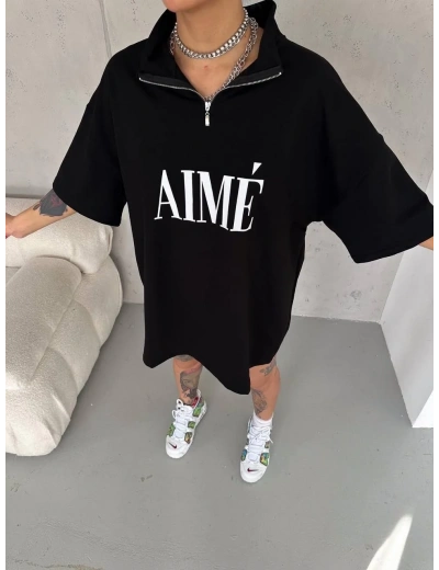 Kadın Yarım Fermuarlı Tişört Baskılı T-Shirt - Siyah