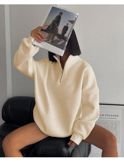 Kadın Yarım Fermuarlı Üç İplik Sweatshirt - Bej