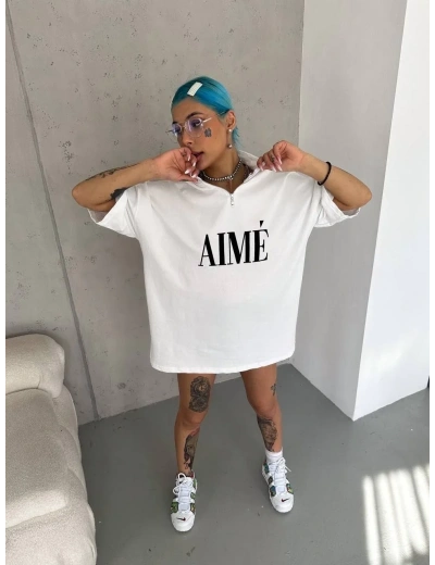 Kadın Yarım Fermuarlı Tişört Kısa kol Baskılı T-Shirt - Beyaz
