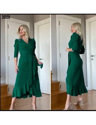 Kadın Yeşil Krep Kumaş Midi Boy Kuşaklı Uzunkol Elbise