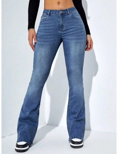 Kadın Yüksek Bel Cepli İspanyol Paçalı Kot Jeans Pantolon