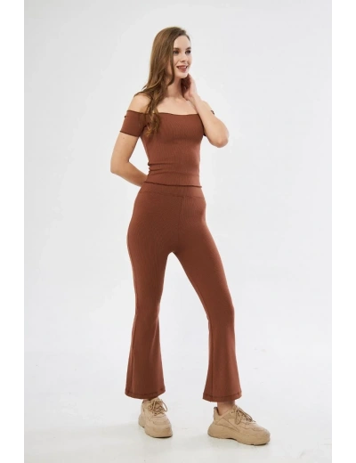 Kadın Yüksel Bel Fitilli İspanyol Paça Tayt - Kahve