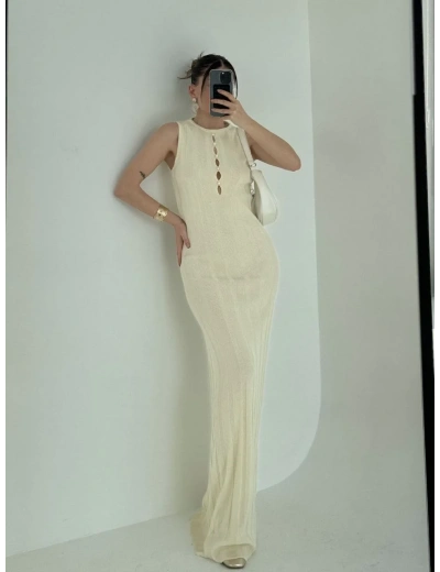 Kalın Fitilli Uzun Triko Elbise - Kırık Beyaz