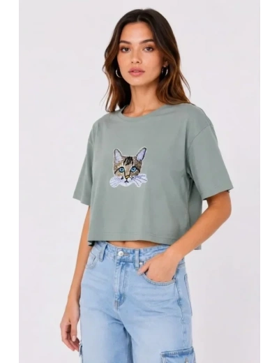 Kedi Baskılı Oversize Crop Tişört Salaş Basic Yarım Kol T-shirt - Mint Yeşili