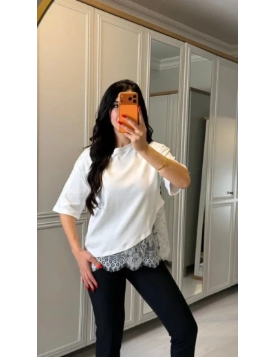 Kısa Kollu Bısıklet Yakalı Dantel Detaylı Vıskon ıkı ıplık Bluz
