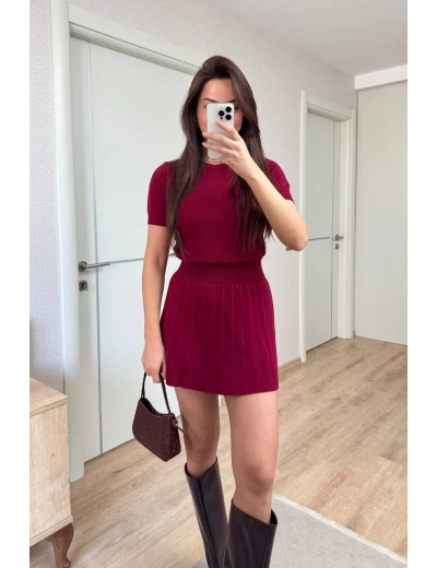 Kısa Kollu Bluz Mini Etekli ikili Takım Triko - Bordo