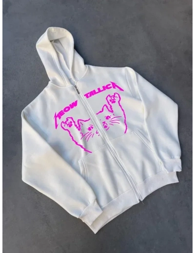 Kışlık Baskılı Fermuarlı Kapüşonlu Hırka - Beyaz