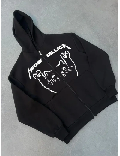 Kışlık Baskılı Fermuarlı Kapüşonlu Hırka - Siyah