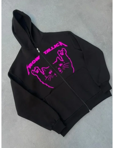 Kışlık Baskılı Fermuarlı Kapüşonlu Hırka - Siyah