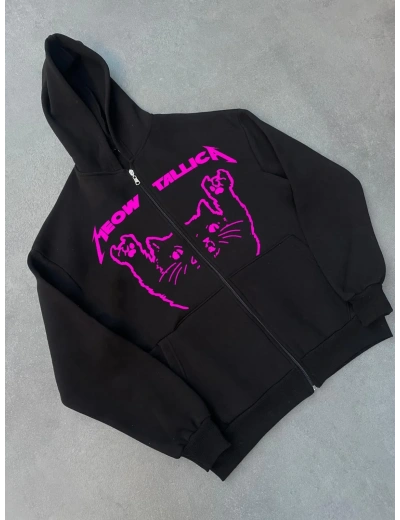 Kışlık Baskılı Fermuarlı Kapüşonlu Hırka - Siyah