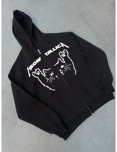 Kışlık Baskılı Fermuarlı Kapüşonlu Hırka - Siyah