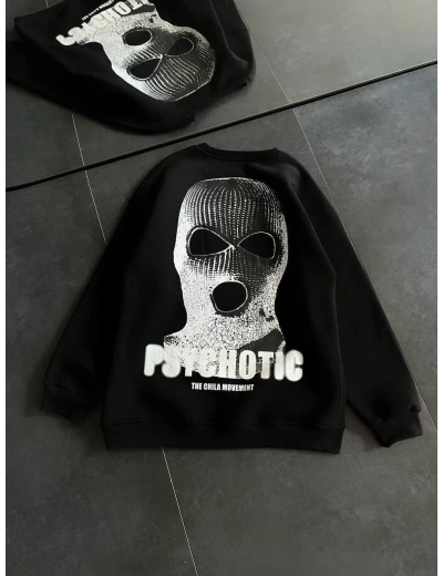 Kışlık Bisiklet Yaka Baskılı SweatShirt - Siyah