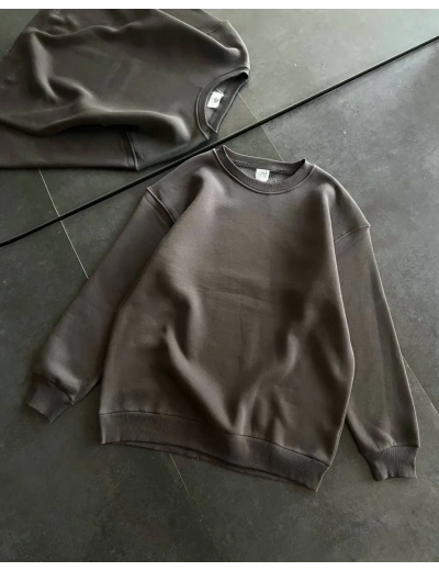 Kışlık Bisiklet Yaka Üç İplik Basic SweatShirt - Füme