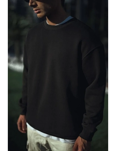 Kışlık Bisiklet Yaka Üç İplik Basic SweatShirt - Siyah