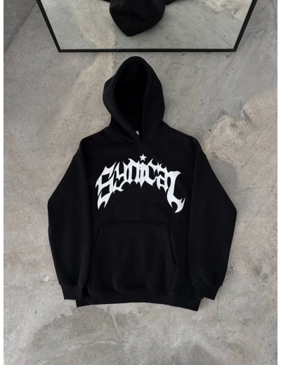 Kışlık Kapüşonlu Baskılı Oversize SweatShirt- Siyah