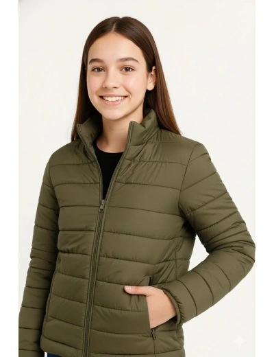 Kız Çocuk Şişme Mont Hafif ve Sıcak Tutucu Kışlık Fermuarlı Su İtici Rahat Günlük Mont Kapüşonuz Modern Tasarım - Haki