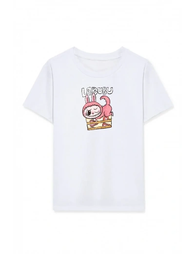 Kız Labubu Çocuk Baskılı T-Shirt - Beyaz