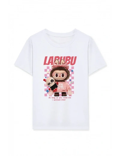 Kız Labubu Çocuk Baskılı T-Shirt - Beyaz