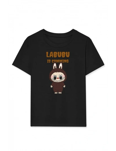 Kız Labubu Çocuk Baskılı T-Shirt - Siyah