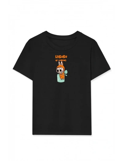 Kız Labubu Çocuk Baskılı T-Shirt - Siyah
