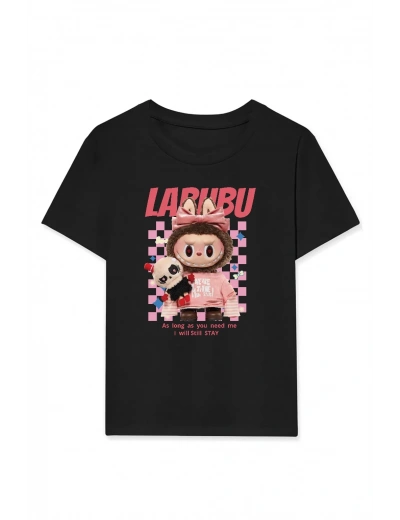 Kız Labubu Çocuk Baskılı T-Shirt - Siyah