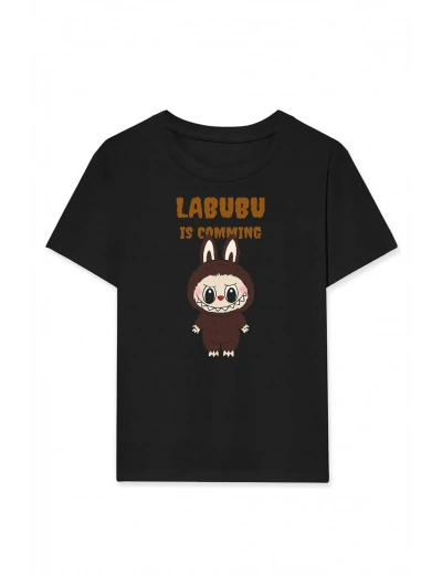 Kız Labubu Çocuk Baskılı T-Shirt - Siyah