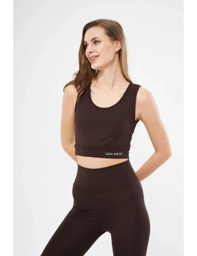 Kolsuz Sporcu Baskılı Crop - Kahve